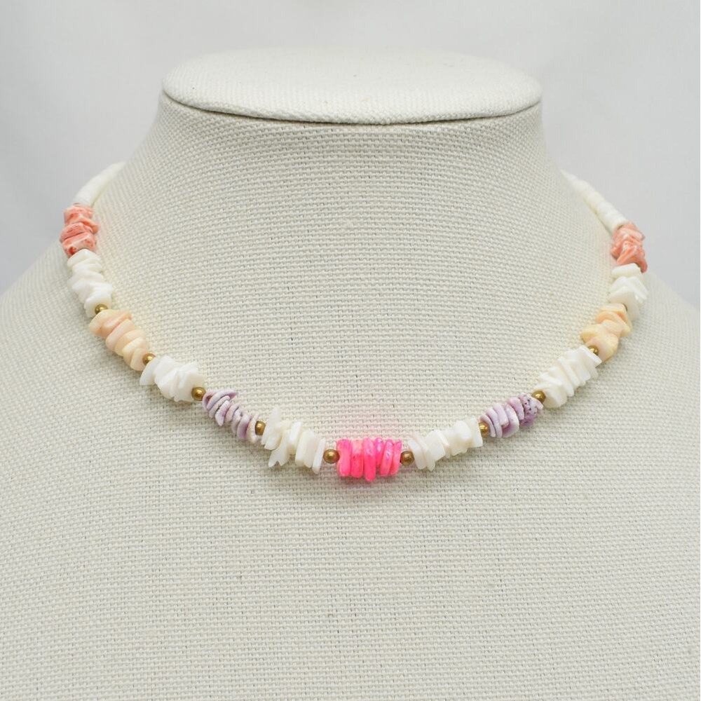 Vintage Multi Color Puka Shell Necklace Beachy Coastal Coconut Girl Summer Surf